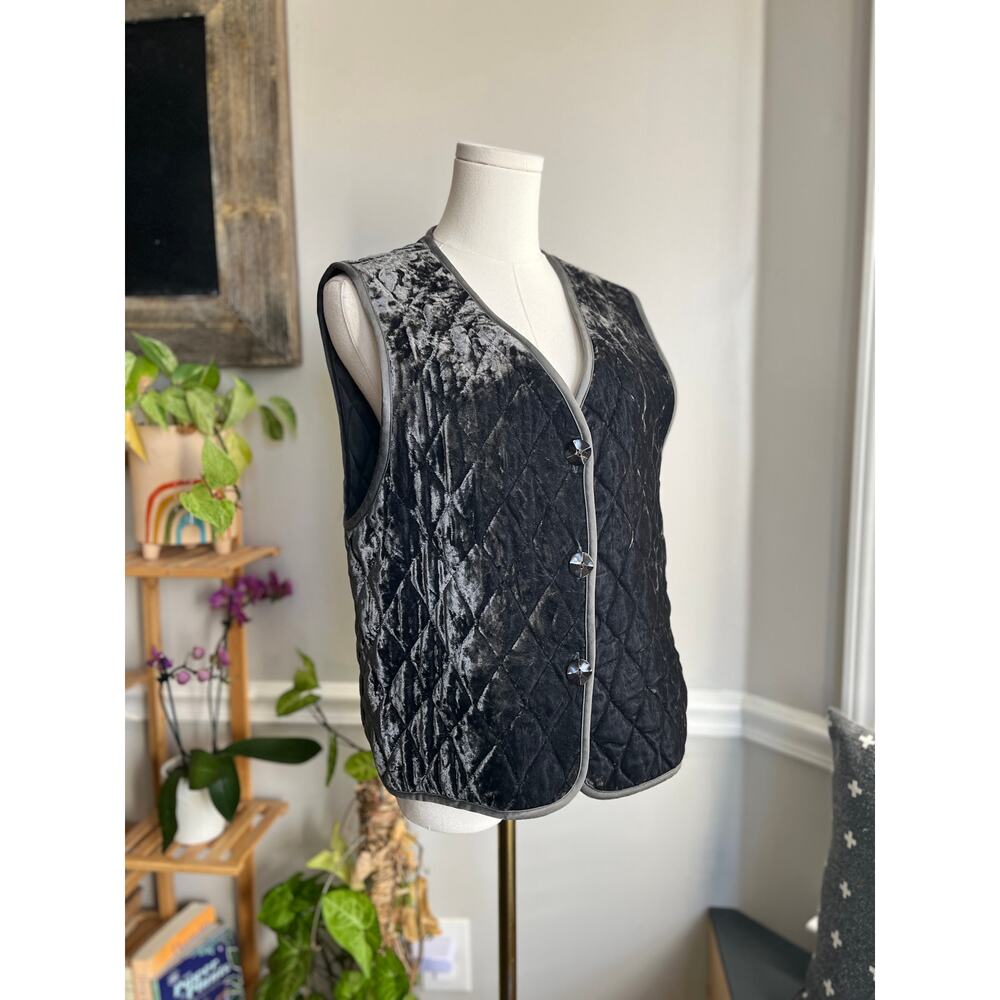 Vintage 90s Gray Crushed Velvet Quilted Button Down Vest Size Small